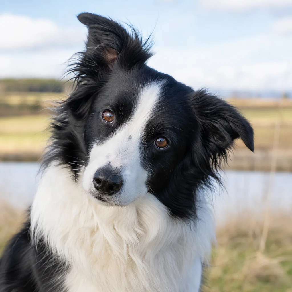 Aura — suka Border Collie z szeroką białą kryzą i żywym, czujnym spojrzeniem