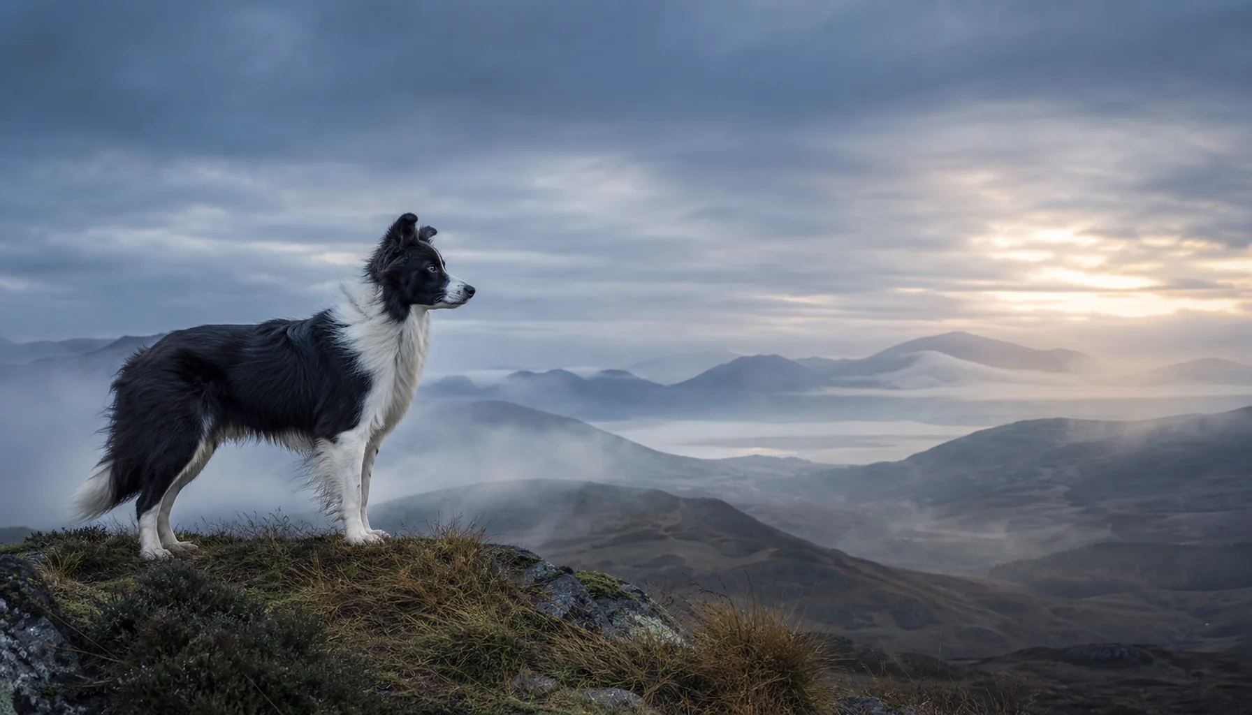 Border Collie na górskiej grani we mgle o świcie