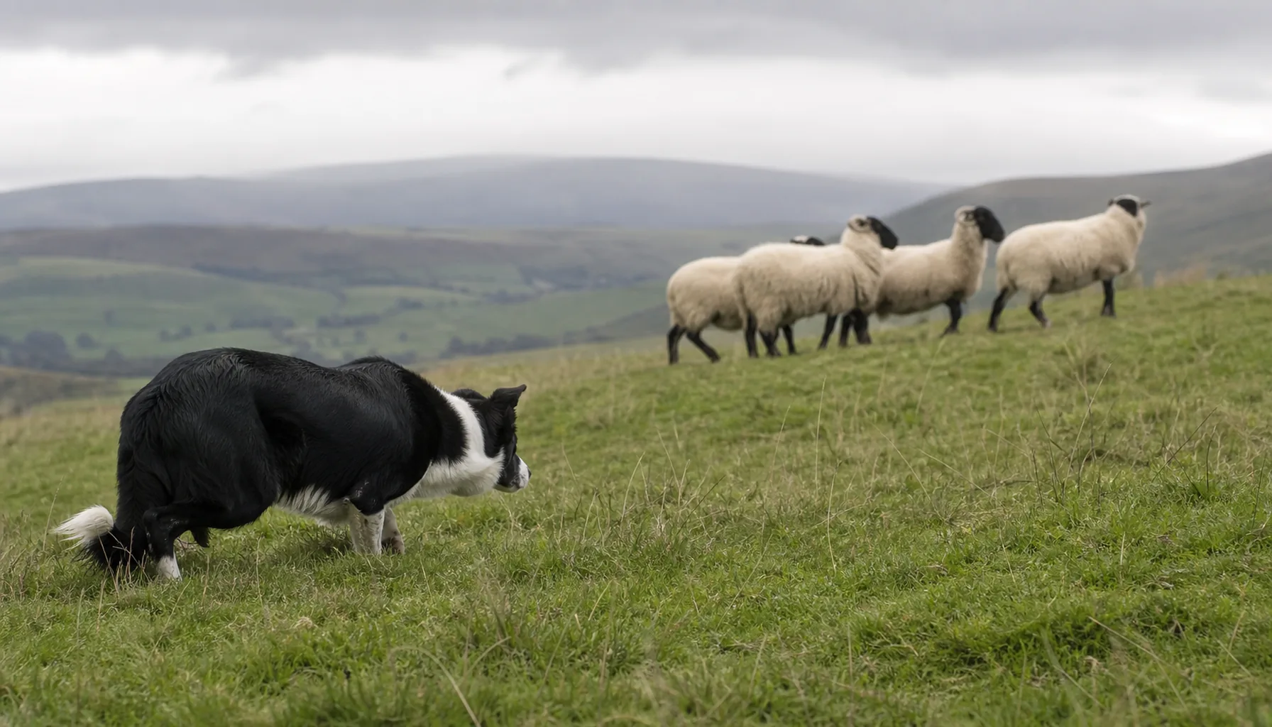 Border Collie w charakterystycznej pozycji pasterskiej zaganiający owce na wzgórzu