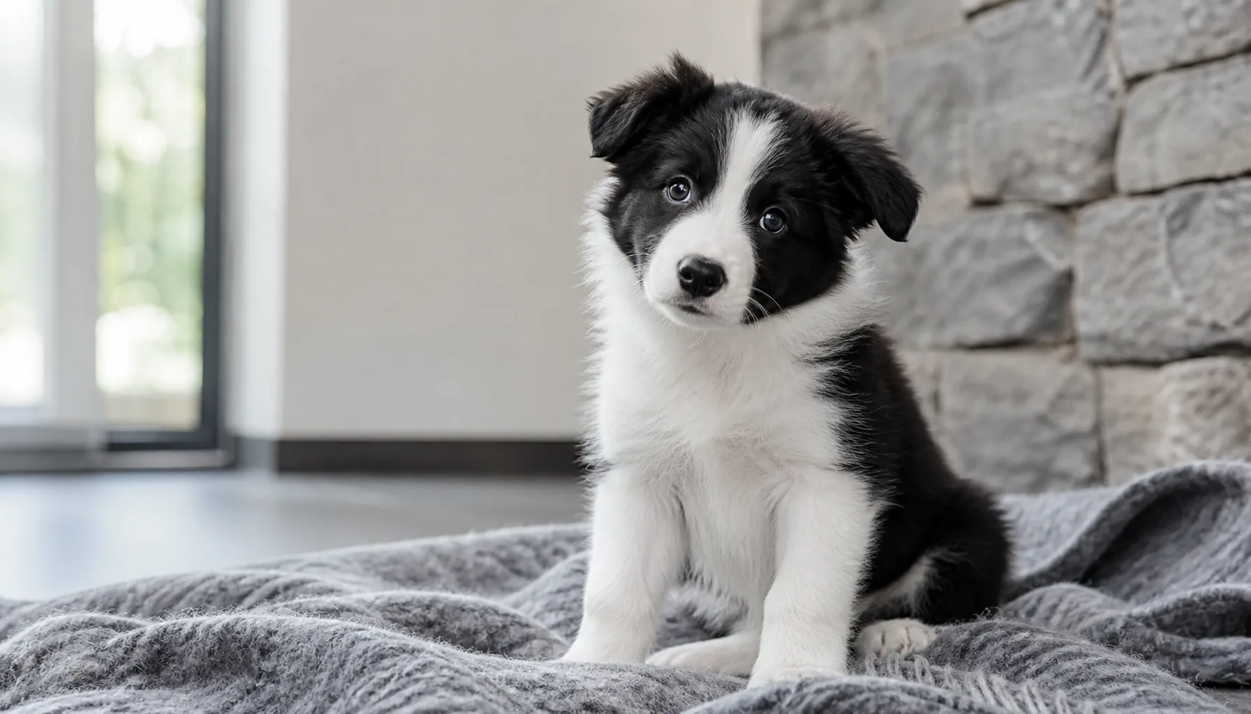 Szczenię Border Collie o czarno-białym umaszczeniu na miękkim kocu
